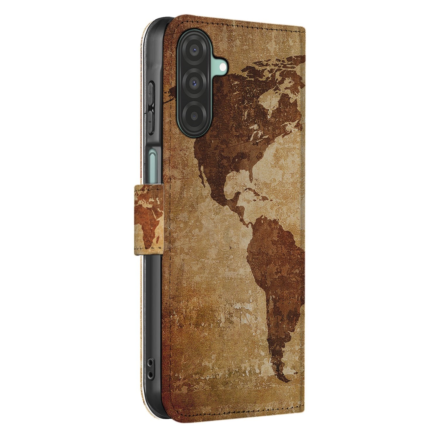 Samsung Galaxy A17 Flip Cover Bookcase Wereldkaart Met Pasjes wereldkaart ontwerp zijkant