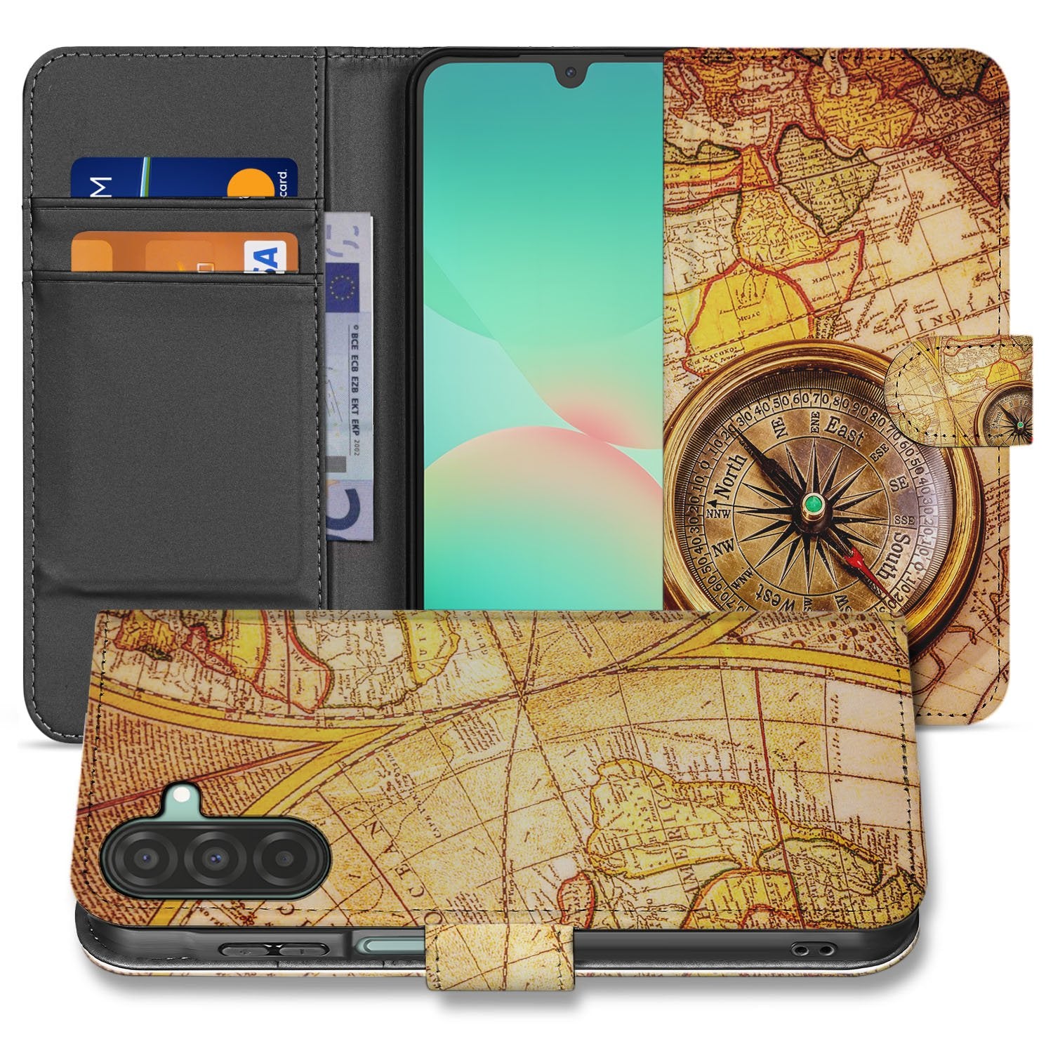 Samsung Galaxy A17 Flip Cover Kompas Met Magnetische Sluiting bookhoesje kompasprint aanzicht