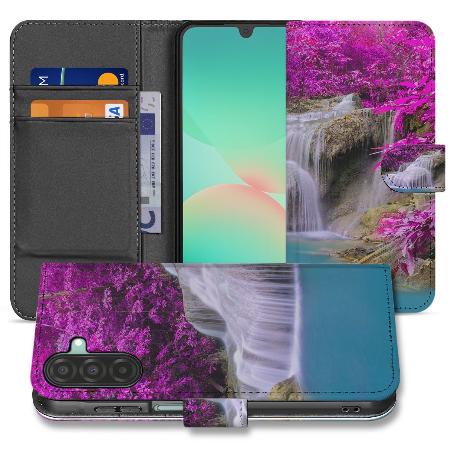 Samsung Galaxy A17 Flip Cover Magnetisch Waterval Design Paars boekhoesje paars watervalmotief voorkant
