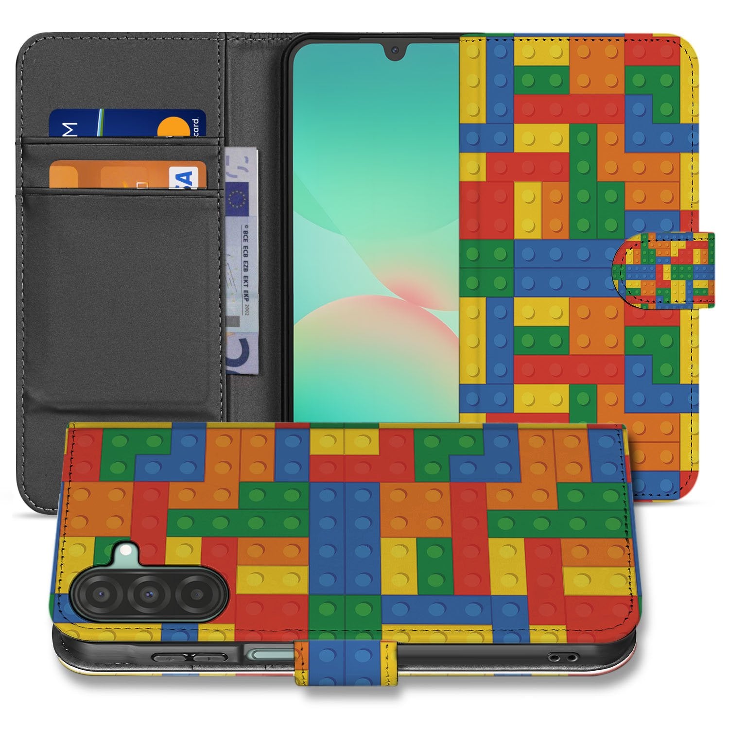 Samsung Galaxy A17 Hoesje Blokken Design Met 3 Pasjes Kleurrijk boekhoesje kleurrijk blokken design voorzijde