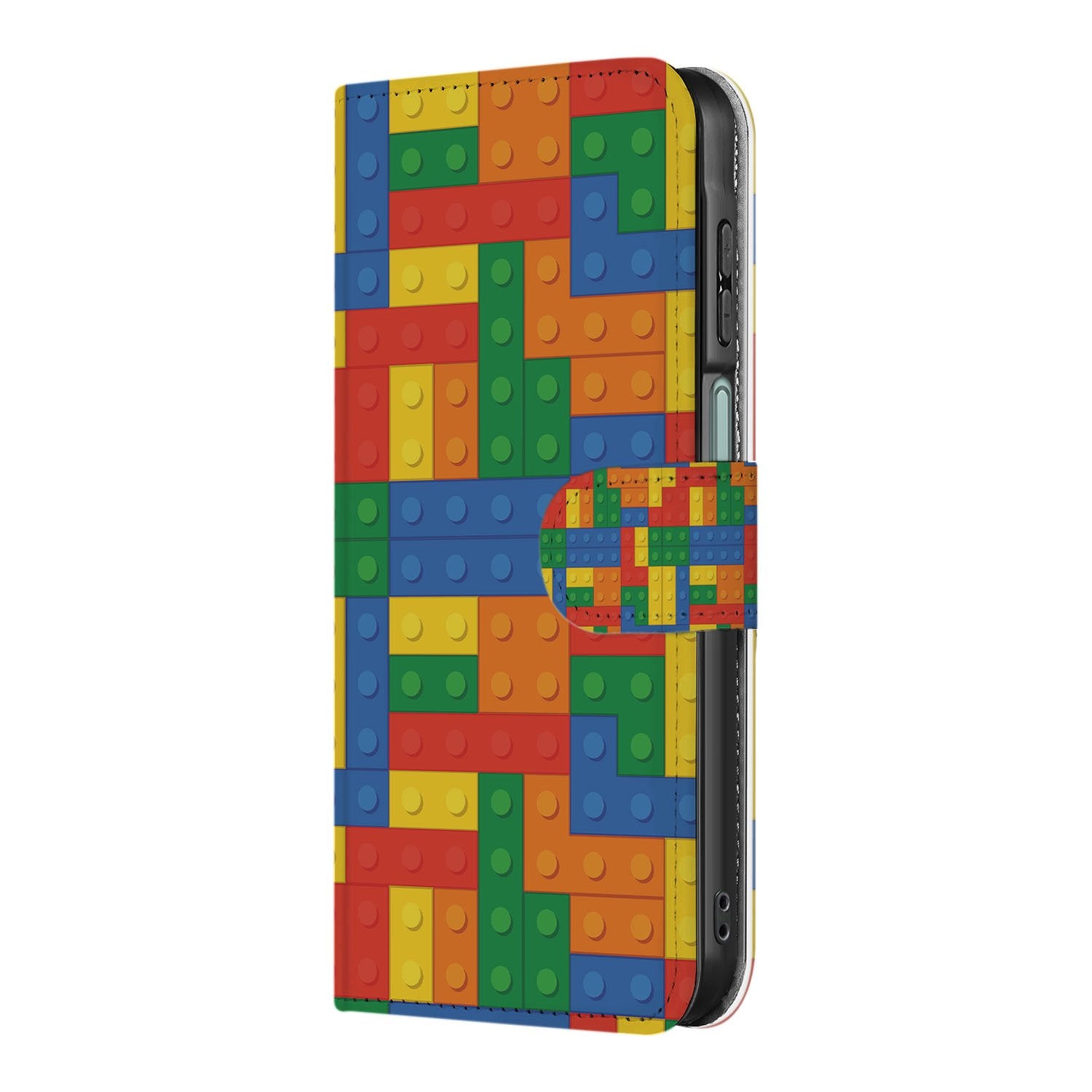 Samsung Galaxy A17 Hoesje Blokken Design Met 3 Pasjes Kleurrijk boekhoesje blokken design zijaanzicht