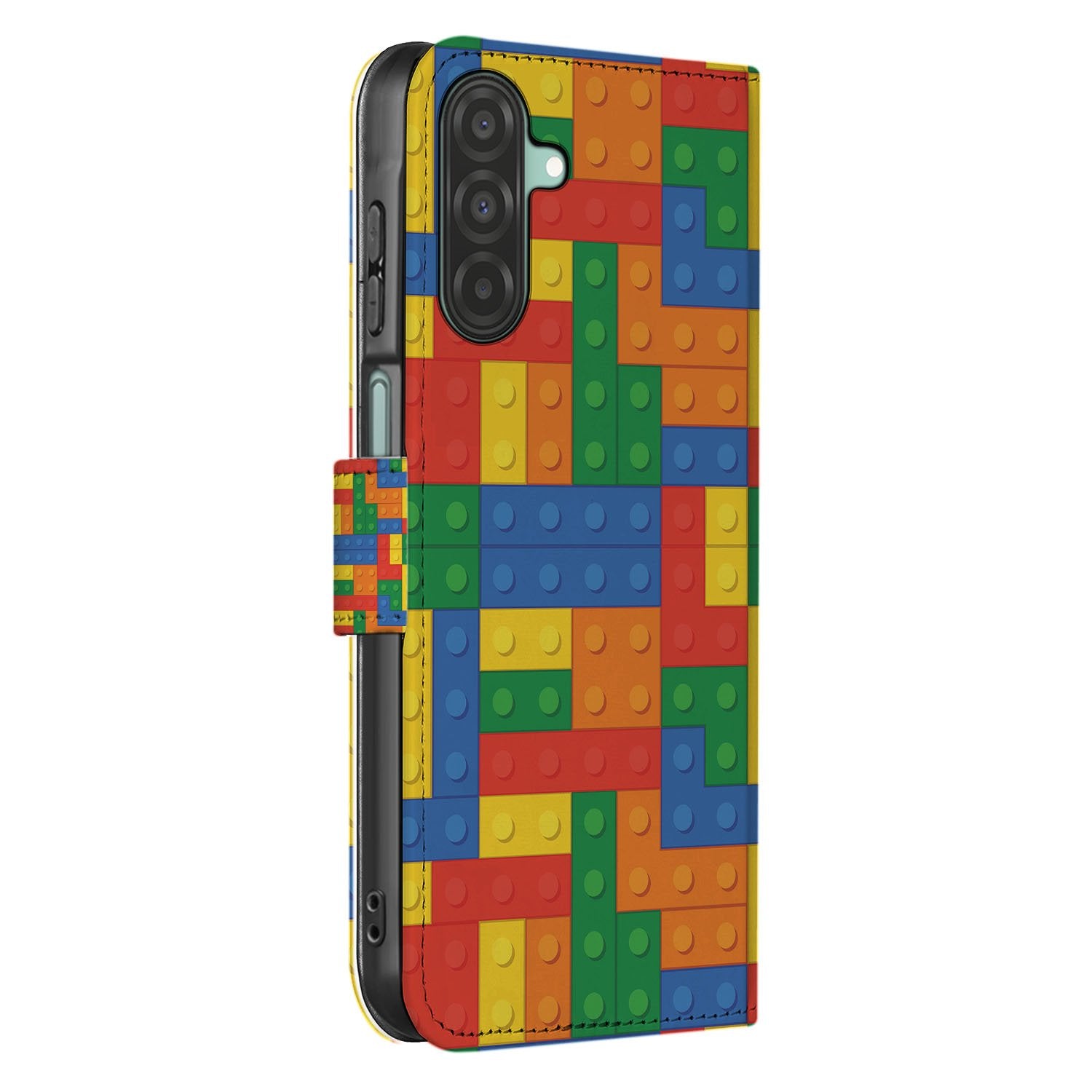 Samsung Galaxy A17 Hoesje Blokken Design Met 3 Pasjes Kleurrijk boekhoesje blokken design zij-aanzicht