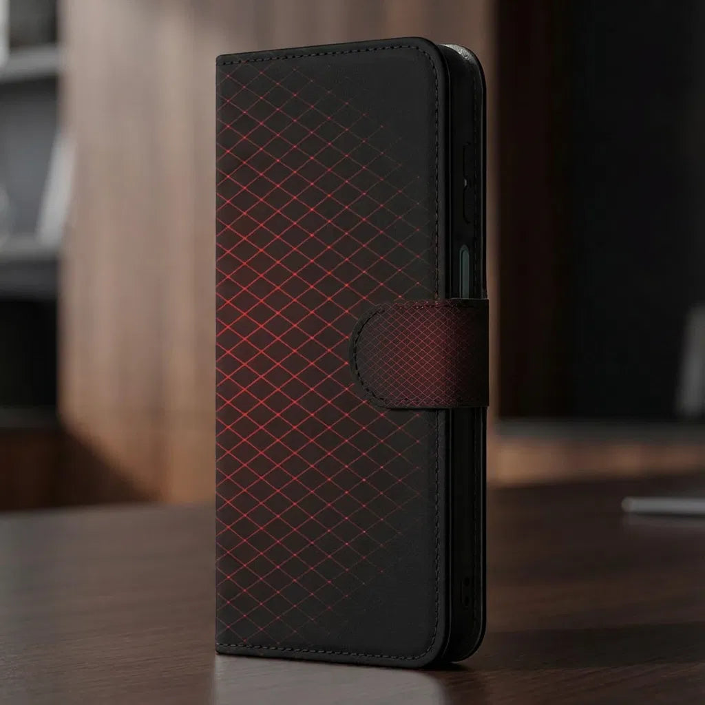 Samsung Galaxy A17 Hoesje Bookcase Geruit Rood Met 3 Pasjes bookcase geruit rood zijaanzicht