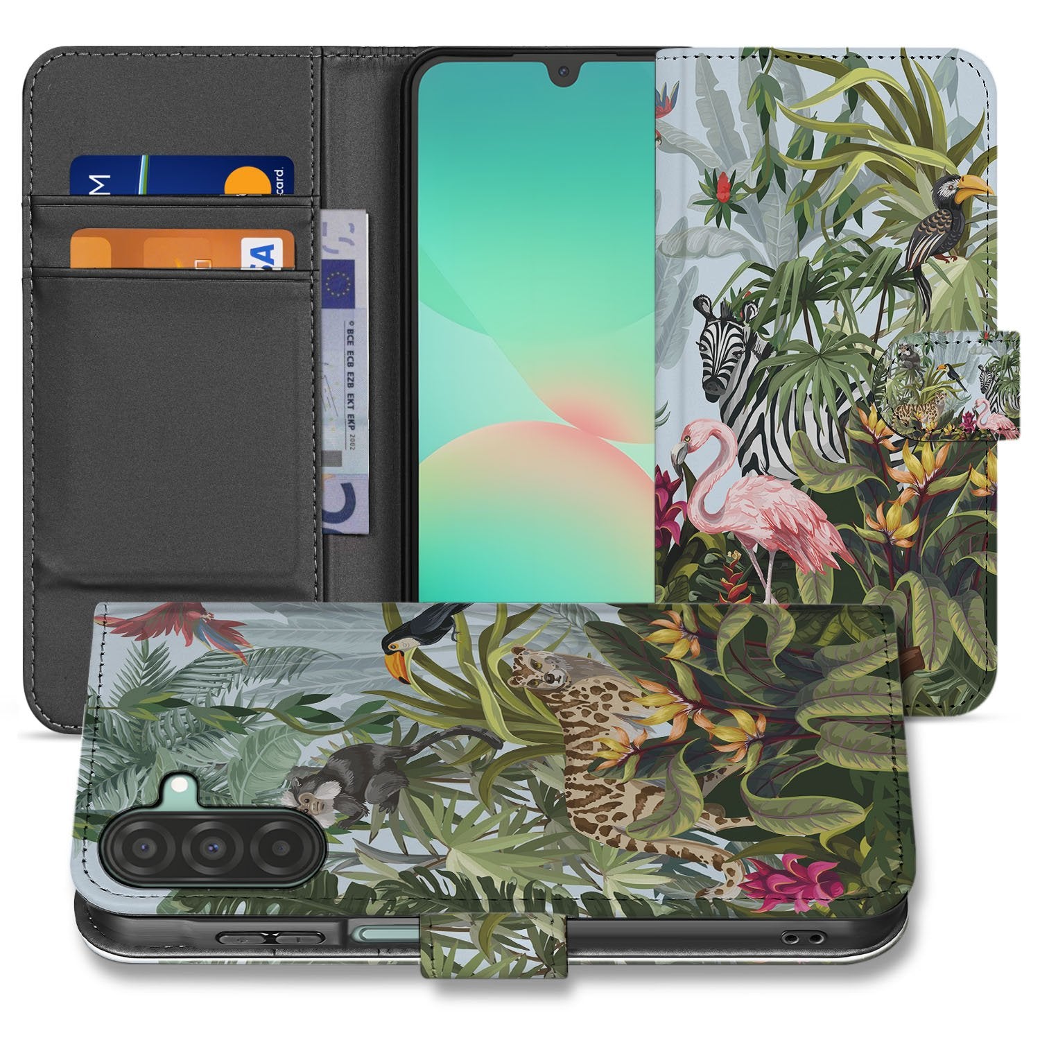 Samsung Galaxy A17 Hoesje Met Pasjes Jungle Design voorzijde detail