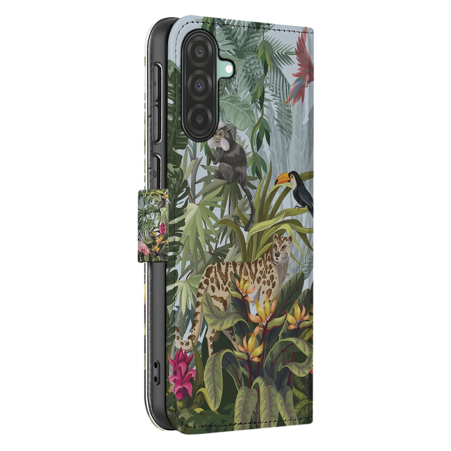 Samsung Galaxy A17 Hoesje Met Pasjes Jungle Design PU-Leer jungle design zijaanzicht