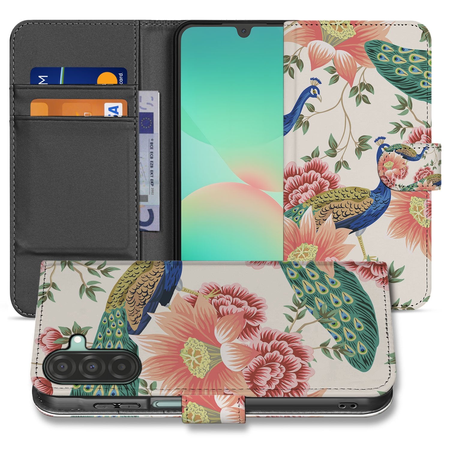 Samsung Galaxy A17 Hoesje Met Pasjes Pink Peacock PU Leer 3 Pasjes boekhoesje voorkant en binnenzijde