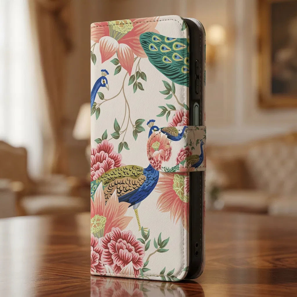Samsung Galaxy A17 Hoesje Met Pasjes Pink Peacock PU Leer 3 Pasjes boekhoesje aanzicht
