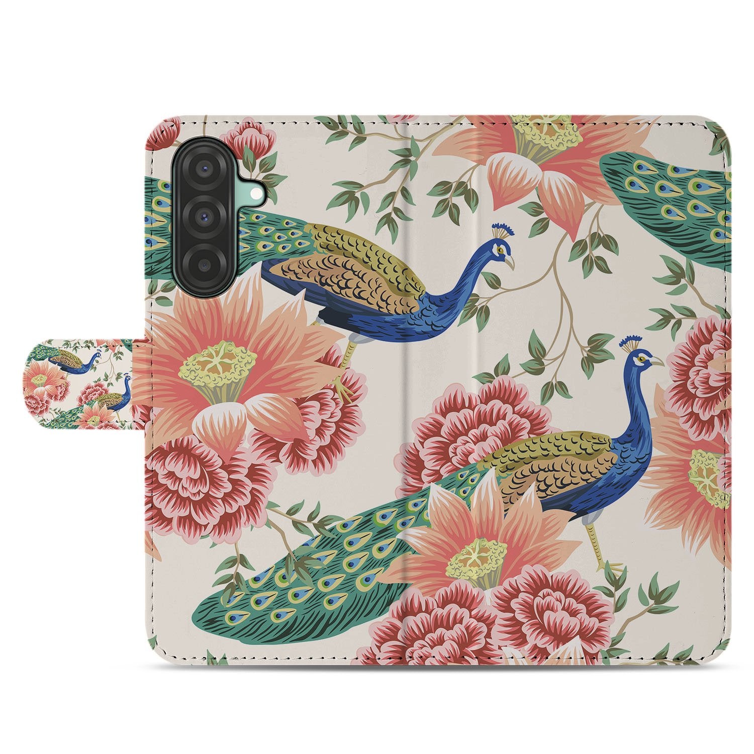 Samsung Galaxy A17 Hoesje Met Pasjes Pink Peacock PU Leer 3 Pasjes design Pink Peacock aanzicht voorkant