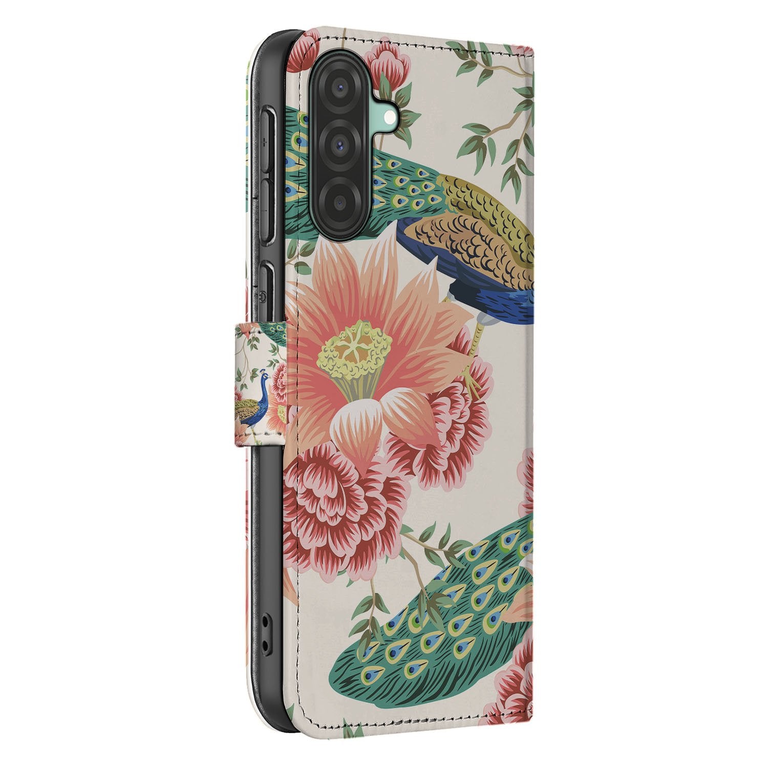 Samsung Galaxy A17 Hoesje Met Pasjes Pink Peacock PU Leer 3 Pasjes bookhoesje design Pink Peacock zijaanzicht