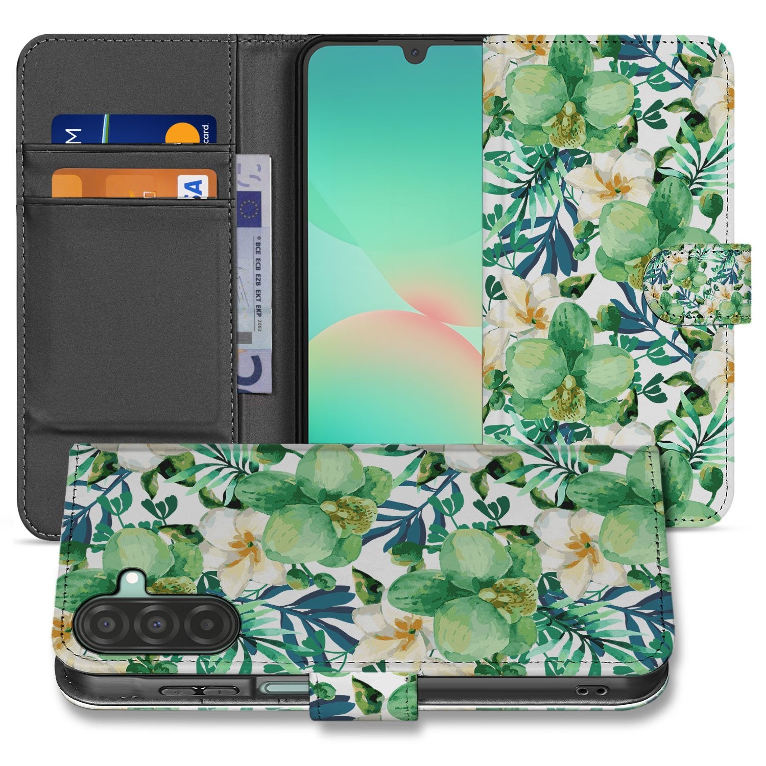 Samsung Galaxy A17 Hoesje Orchidee Groen book case bloemenmotief vooraanzicht