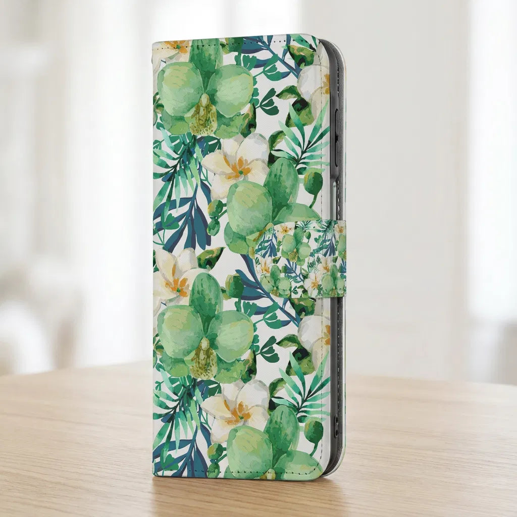 Samsung Galaxy A17 Hoesje Orchidee Groen book case bloemenmotief zij-aanzicht
