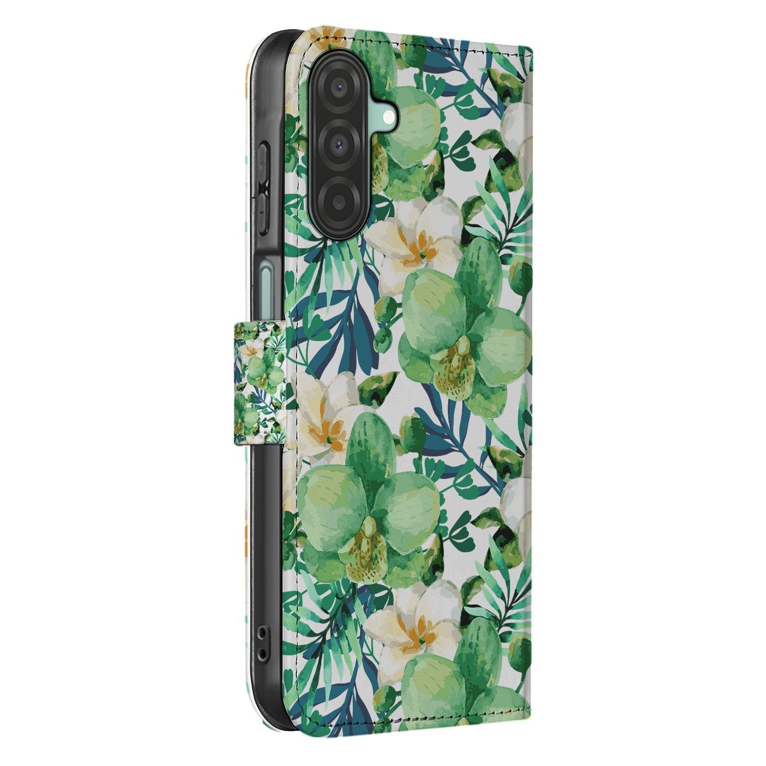 Samsung Galaxy A17 Hoesje Orchidee Groen book case groene bloemenmotief zijaanzicht