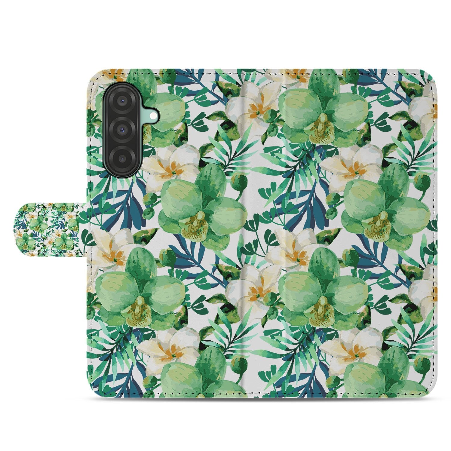 Samsung Galaxy A17 Hoesje Orchidee Groen bookcase bloemenmotief achteraanzicht