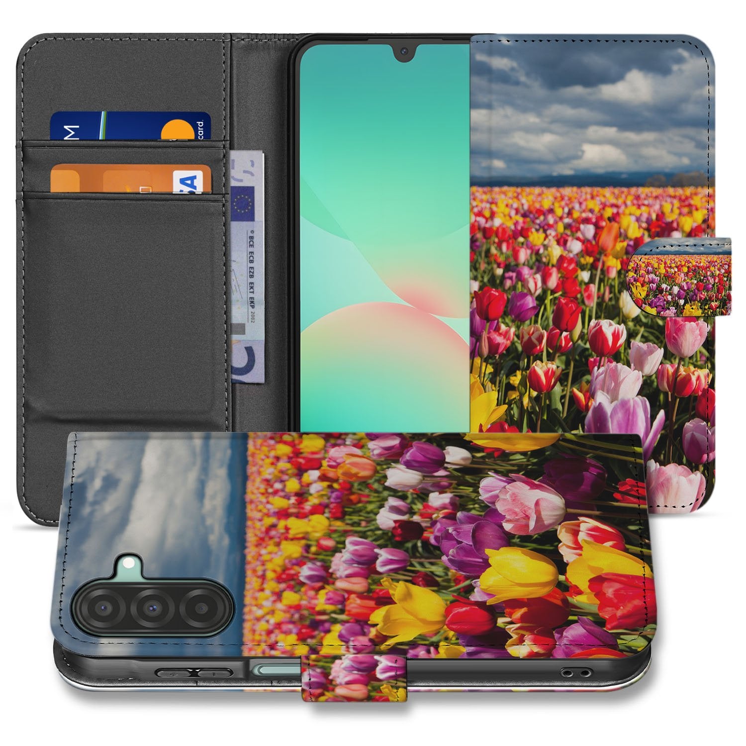 Samsung Galaxy A17 Hoesje Tulpen boekhoesje tulpenprint vooraanzicht