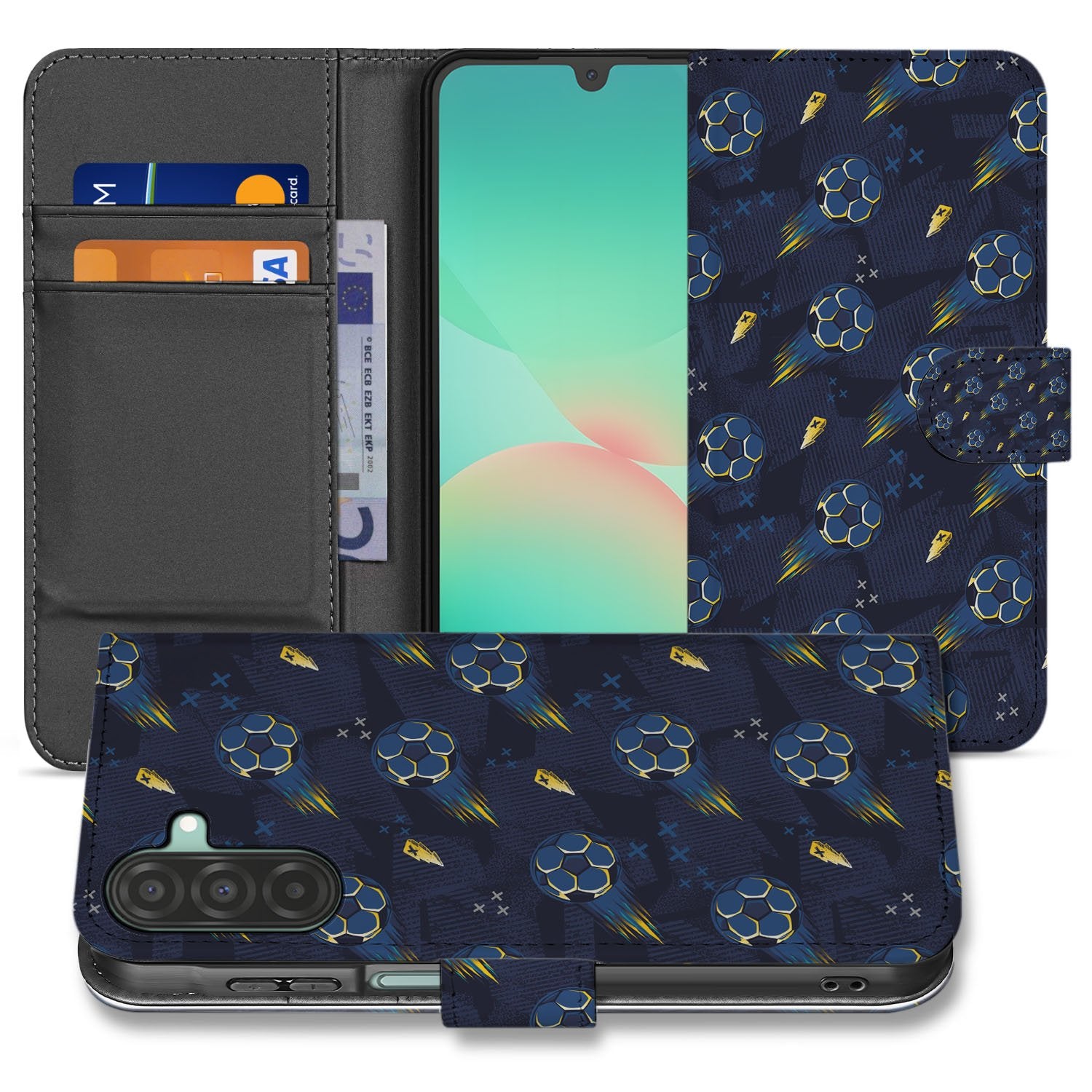 Samsung Galaxy A17 Hoesje Voetbal Design PU Leer Met 3 Pasjes boekhoesje voetbalmotief voorkant