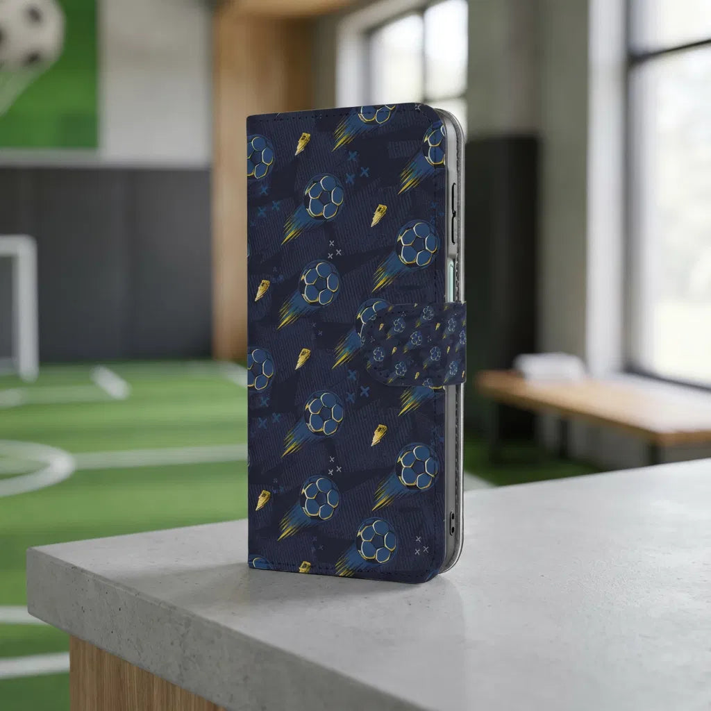Samsung Galaxy A17 Hoesje Voetbal Design PU Leer Met 3 Pasjes voetbal design blauw aanzicht zij