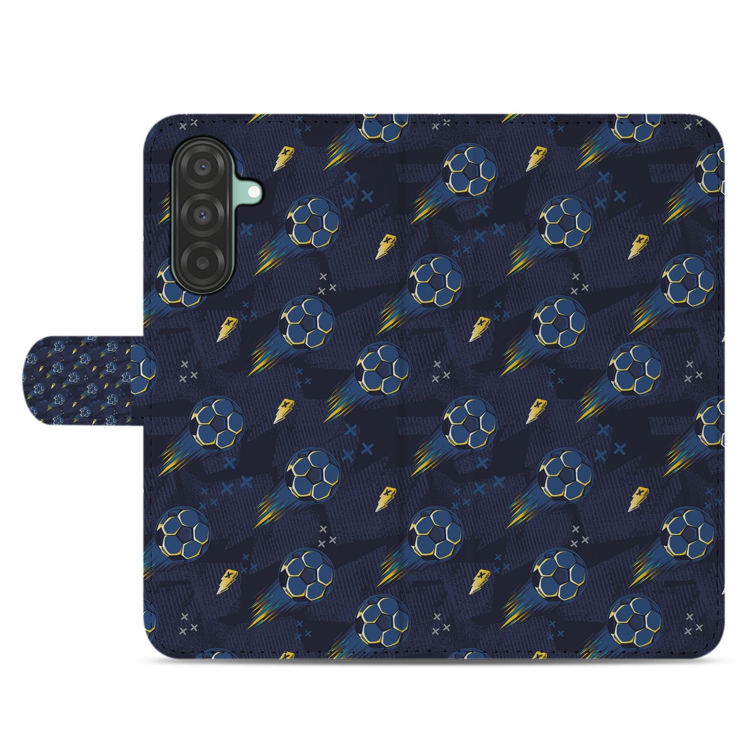 Samsung Galaxy A17 Hoesje Voetbal Design PU Leer Met 3 Pasjes boekhoesje voetbalmotief blauw aanzicht