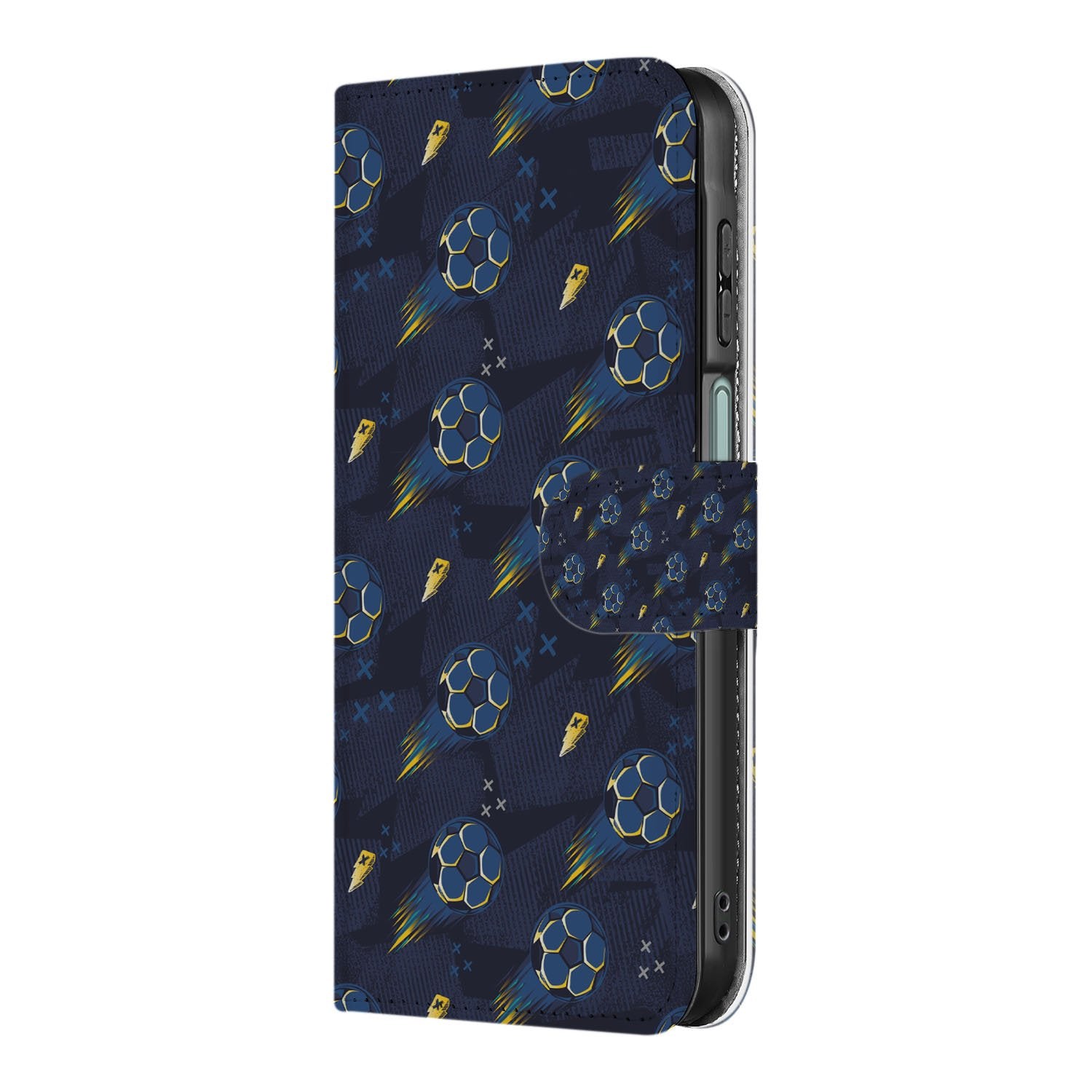 Samsung Galaxy A17 Hoesje Voetbal Design PU Leer Met 3 Pasjes voorkomt krassen voetbalmotief blauw zicht