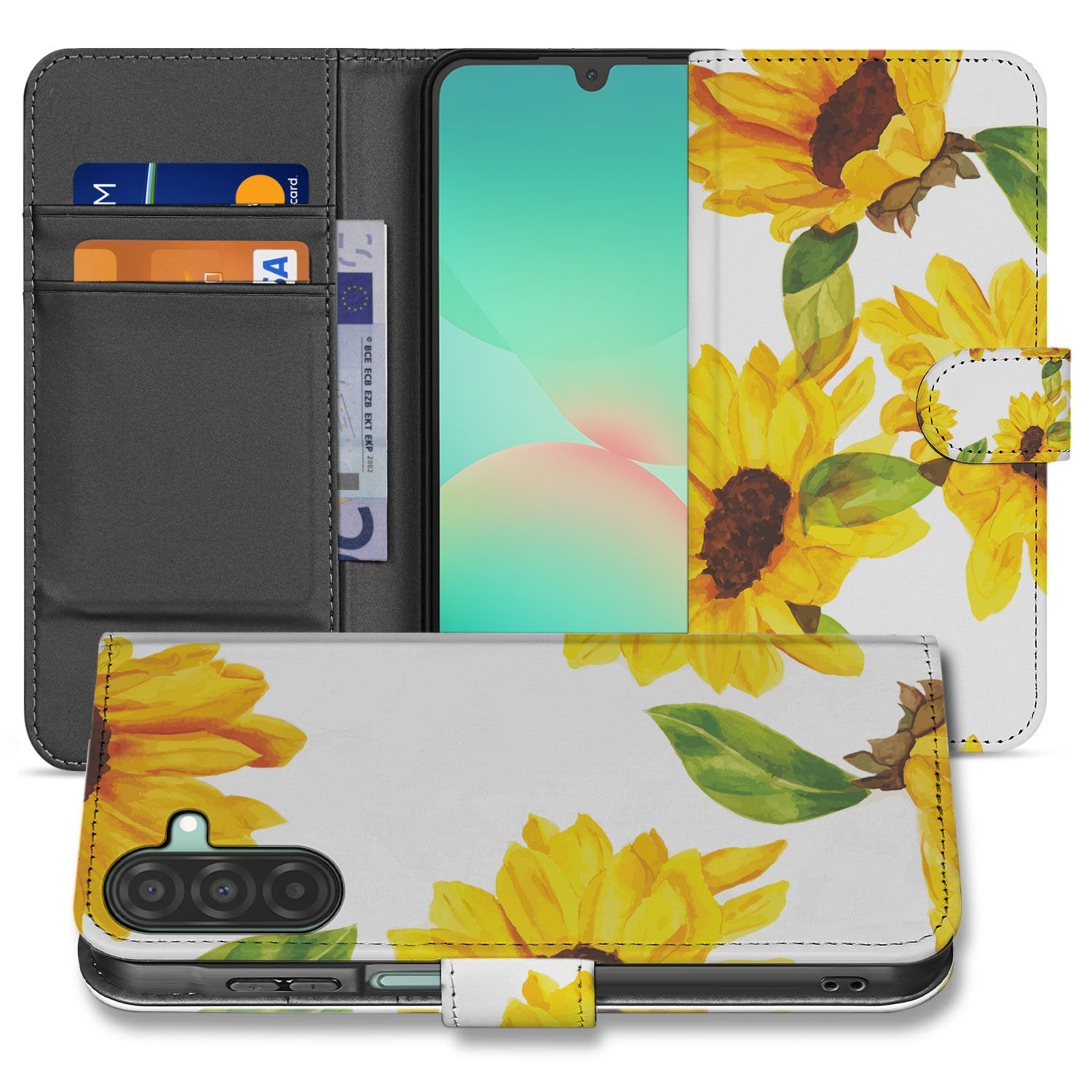 Samsung Galaxy A17 Hoesje Zonnebloemen Wallet PU Leer 3 Pasjes boekhoesje zonnebloemen aanzicht