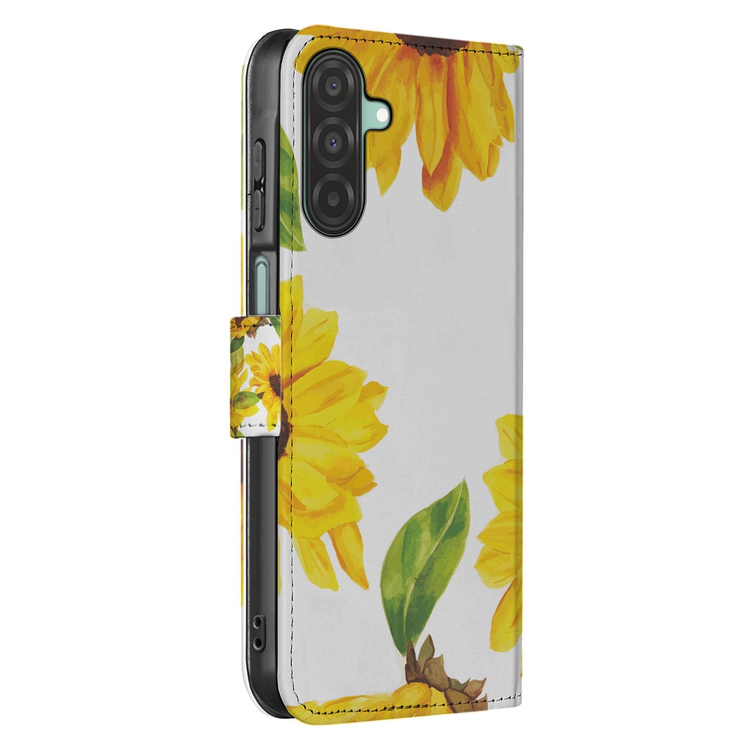 Samsung Galaxy A17 Hoesje Zonnebloemen Wallet PU Leer 3 Pasjes boekhoesje zonnebloemen zijaanzicht