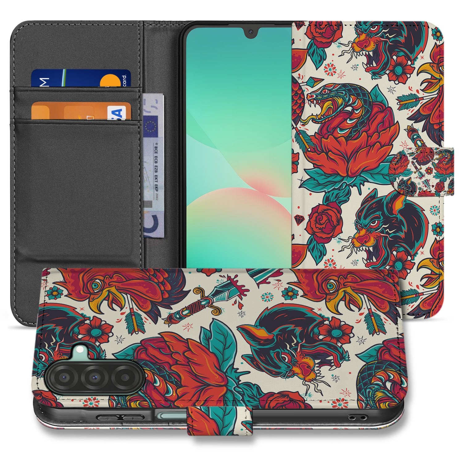 Samsung Galaxy A17 Old Skool Hoesje PU-Leer Met 3 Pasjes vintage tattoo design voorkant achterkant