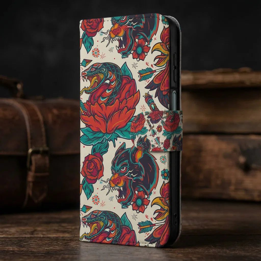 Samsung Galaxy A17 Old Skool Hoesje PU-Leer Met 3 Pasjes boekhoesje vintage-tattoo design aanzicht