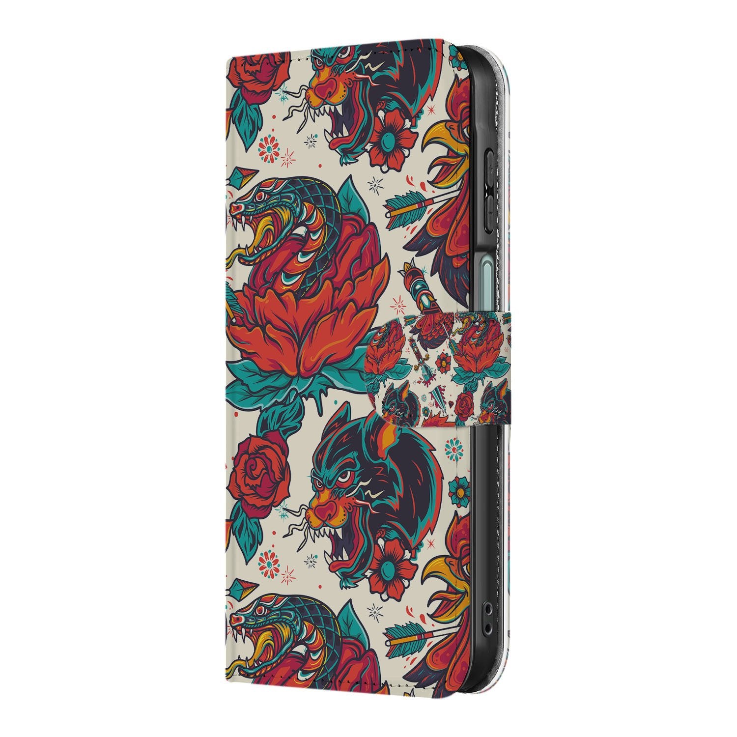 Samsung Galaxy A17 Old Skool Hoesje PU-Leer Met 3 Pasjes boekhoesje vintage-tattoo design aanzicht