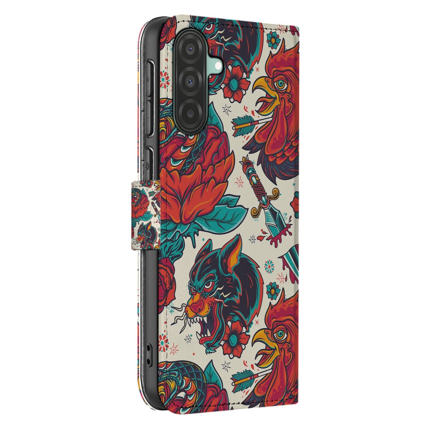 Samsung Galaxy A17 Old Skool Hoesje PU-Leer Met 3 Pasjes boekhoesje old skool vintage tattoo print aanzicht