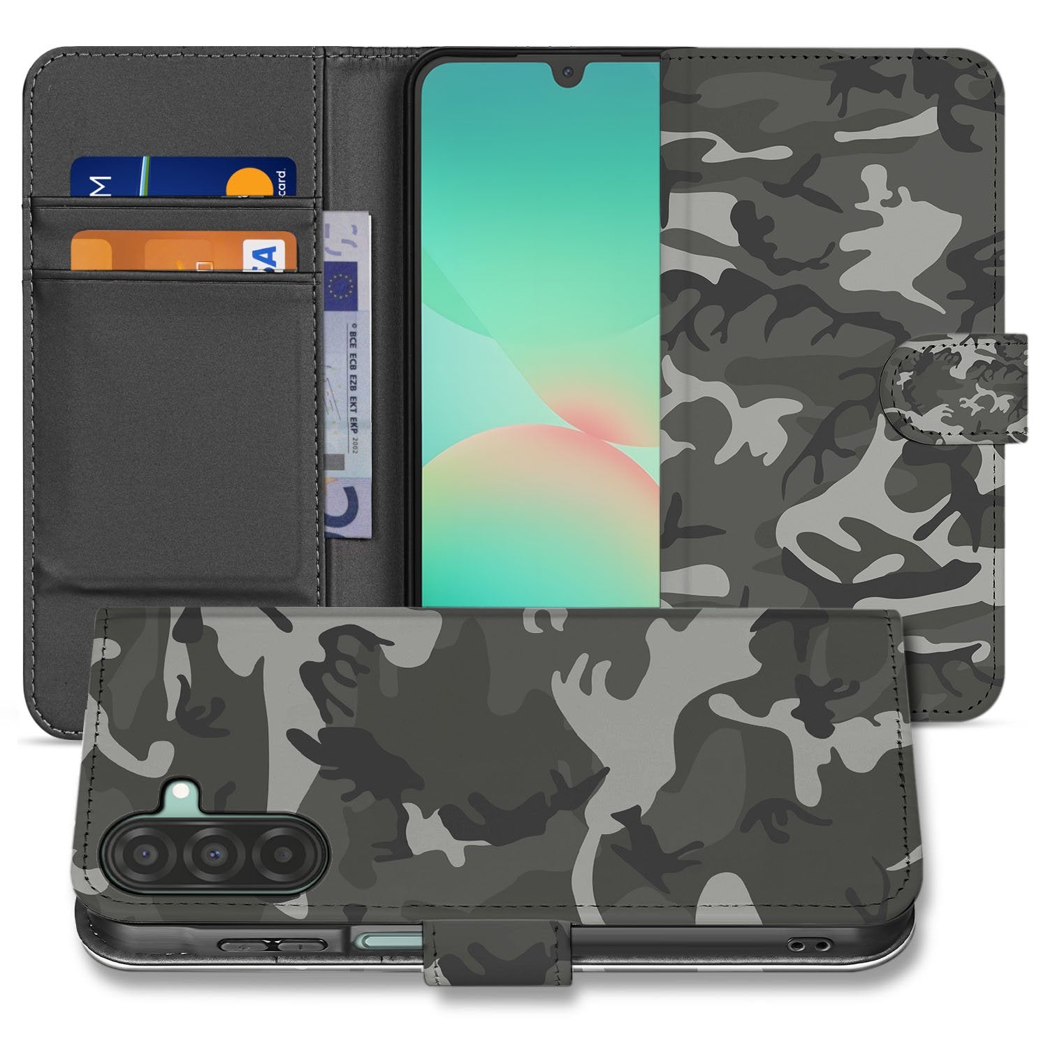 Samsung Galaxy A17 Portemonnee Hoesje Army Light Camouflage TPU design army camouflage aanzicht
