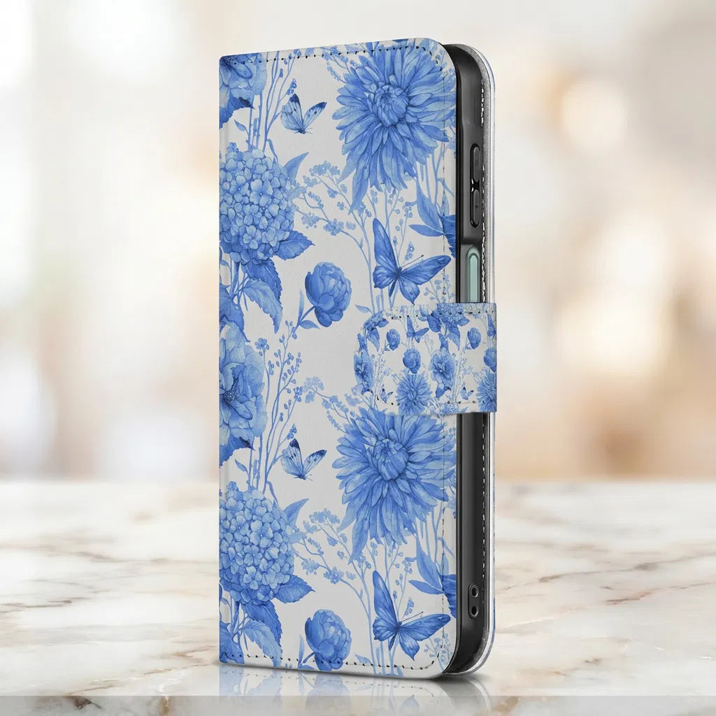 Samsung Galaxy A17 Portemonnee Hoesje Blauw Bloemen PU-Leer 3 Pasjes ontwerp bloemen aanzicht