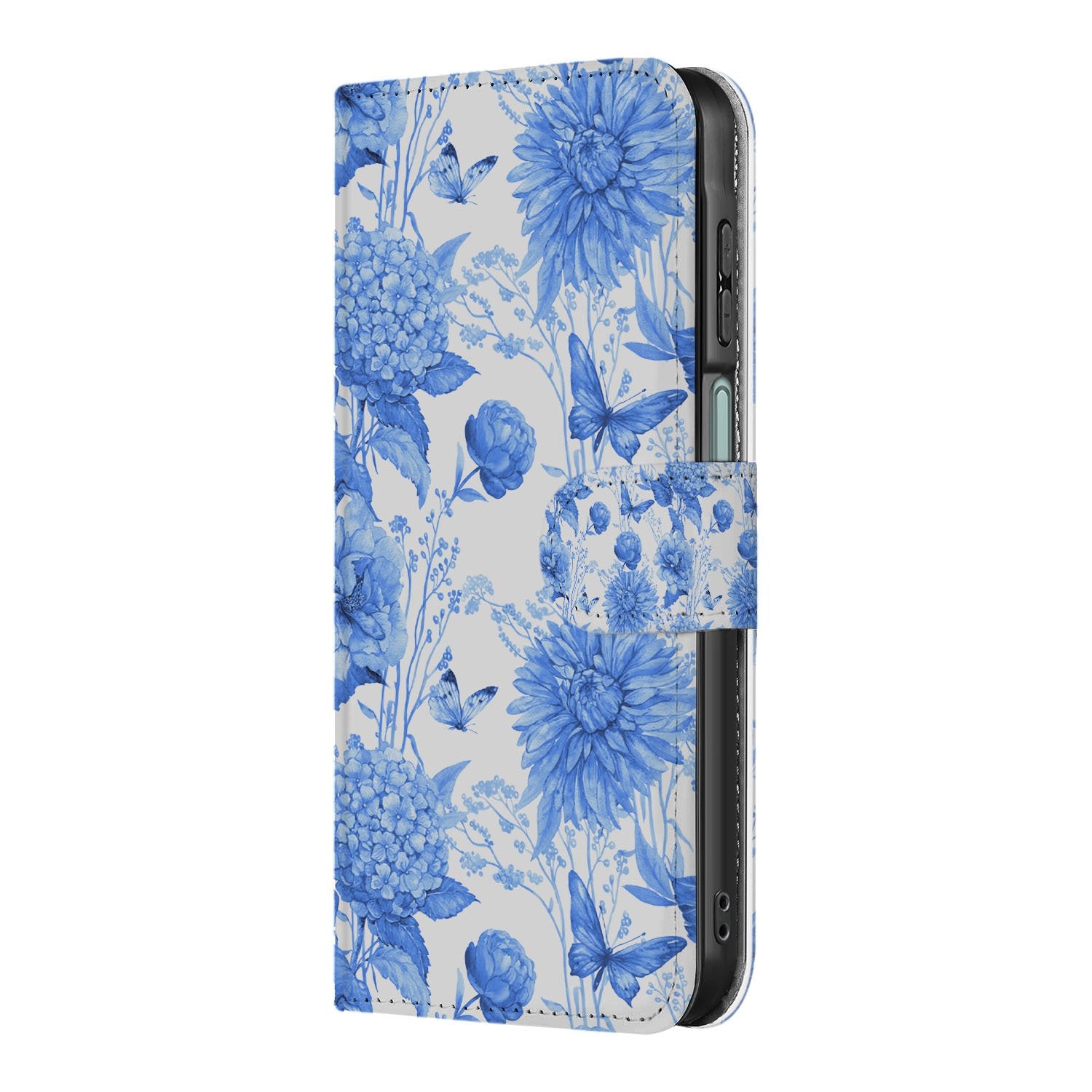 Samsung Galaxy A17 Portemonnee Hoesje Blauw Bloemen PU-Leer 3 Pasjes bloemen designzijde