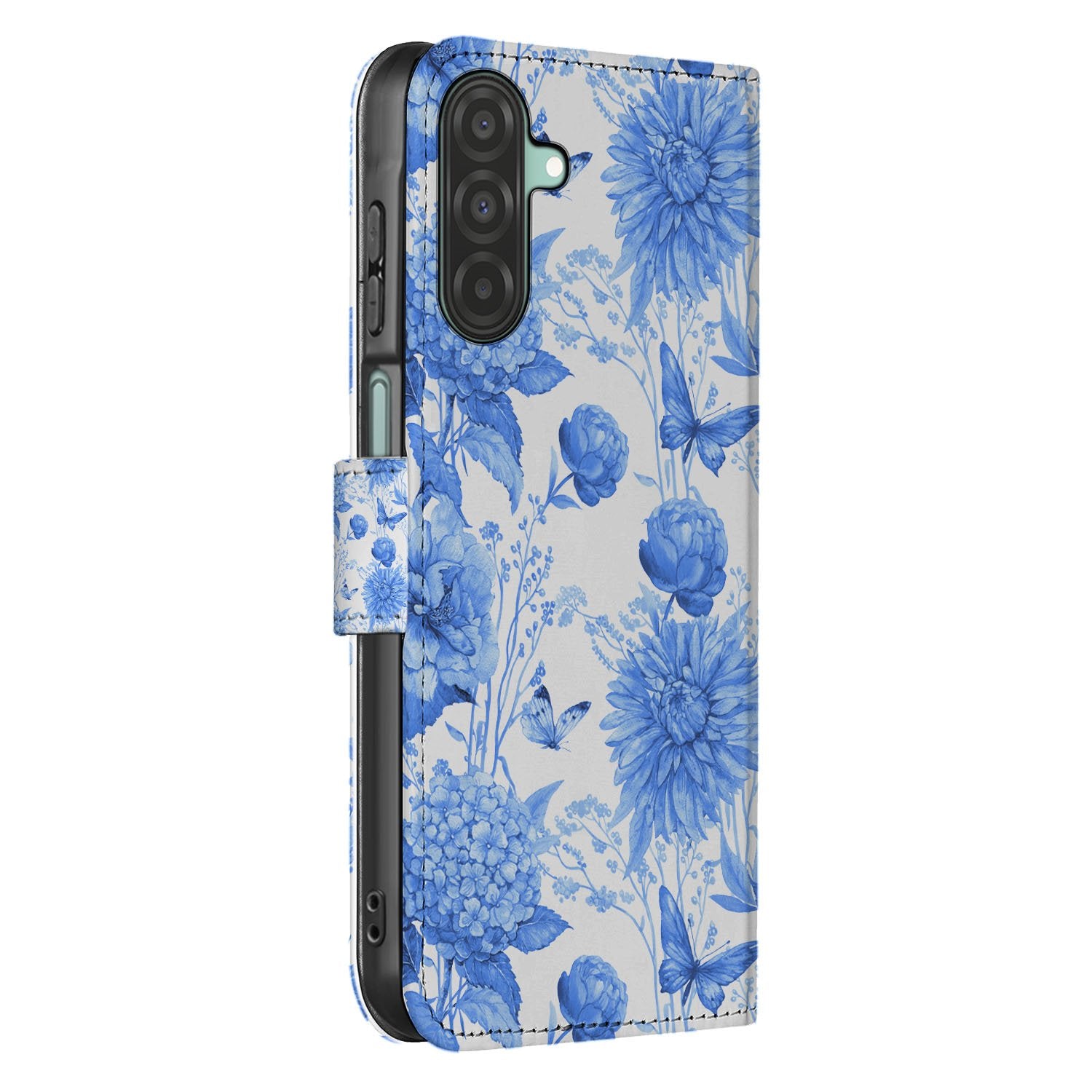 Samsung Galaxy A17 Portemonnee Hoesje Blauw Bloemen PU-Leer 3 Pasjes boekcase blauw bloemen zij aanzicht