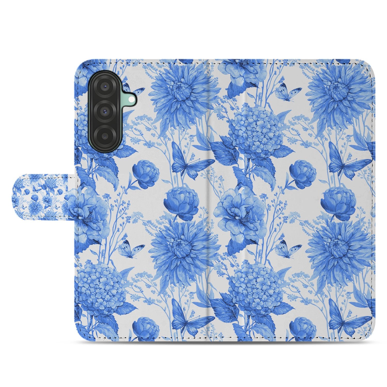 Samsung Galaxy A17 Portemonnee Hoesje Blauw Bloemen PU-Leer 3 Pasjes bloemen design achteraanzicht