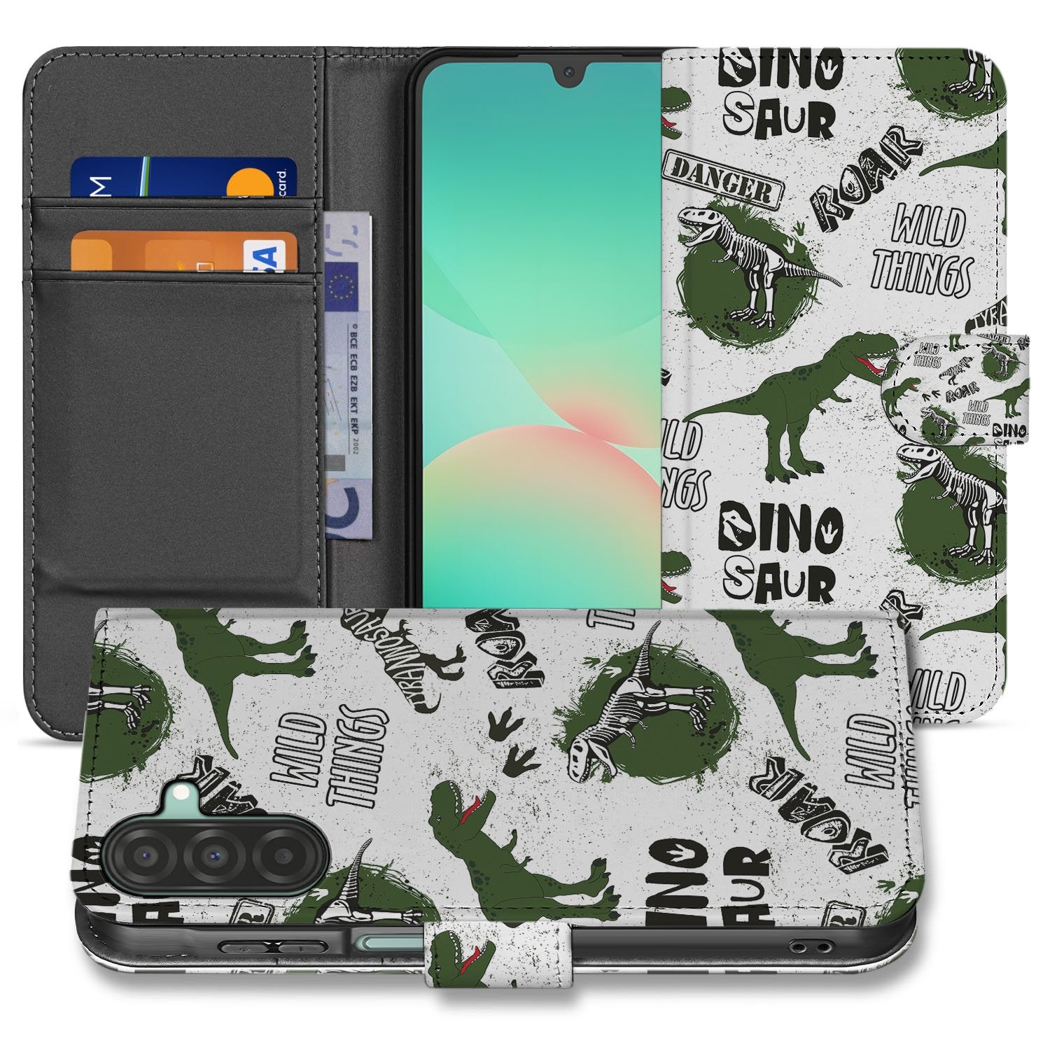 Samsung Galaxy A17 Portemonnee Hoesje Met Pasjes Dino Print PU Leer design dino print voorkant