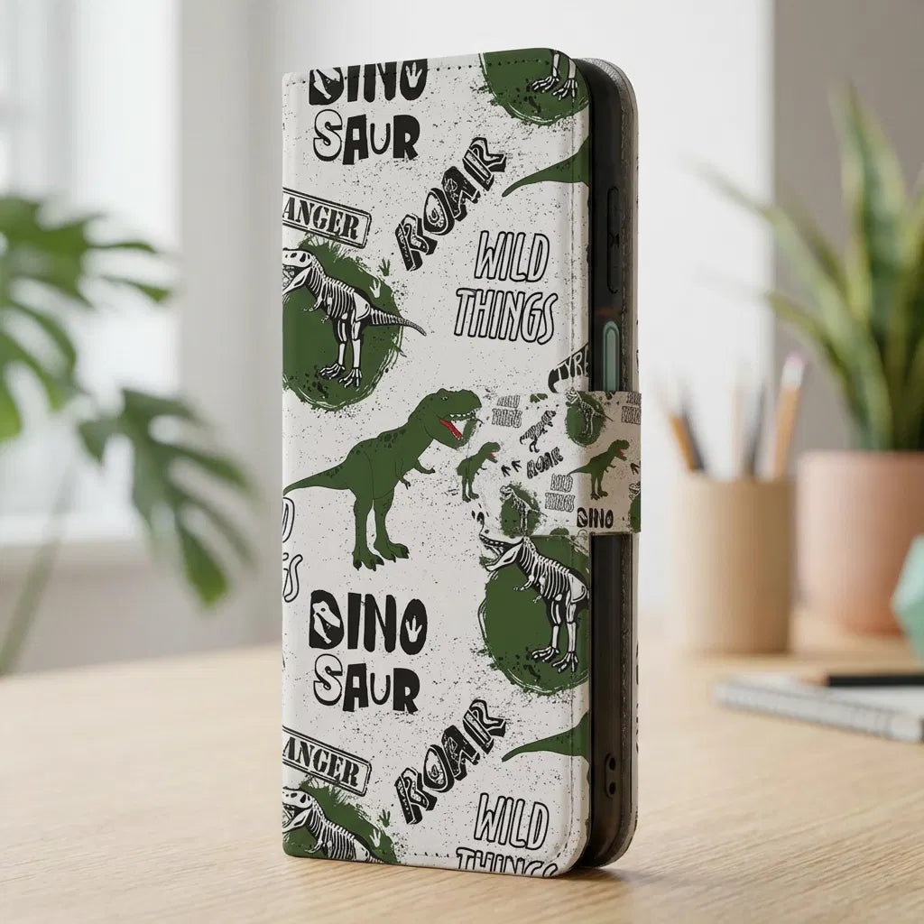 Samsung Galaxy A17 Portemonnee Hoesje Met Pasjes Dino Print PU Leer dino print voorzijde