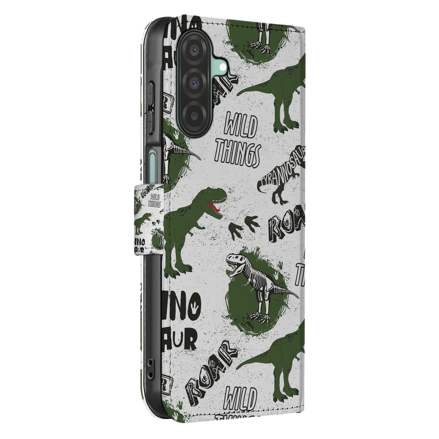 Samsung Galaxy A17 Portemonnee Hoesje Met Pasjes Dino Print PU Leer dino print voorkant zijaanzicht