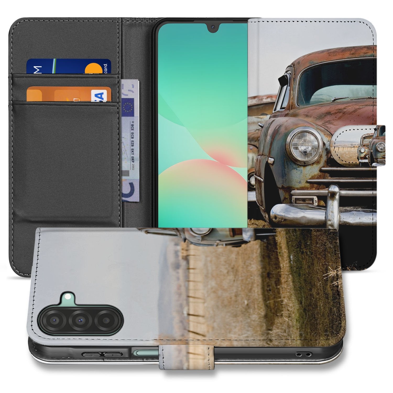 Samsung Galaxy A17 Portemonnee Hoesje Vintage Auto 3 Pasjes TPU design vintage auto aanzicht voorkant