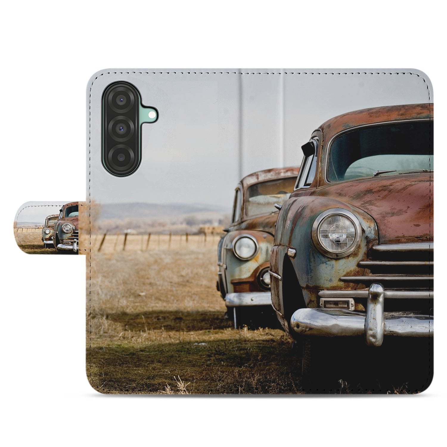 Samsung Galaxy A17 Portemonnee Hoesje Vintage Auto 3 Pasjes TPU vintage auto hoesje bruin grijs aanzicht