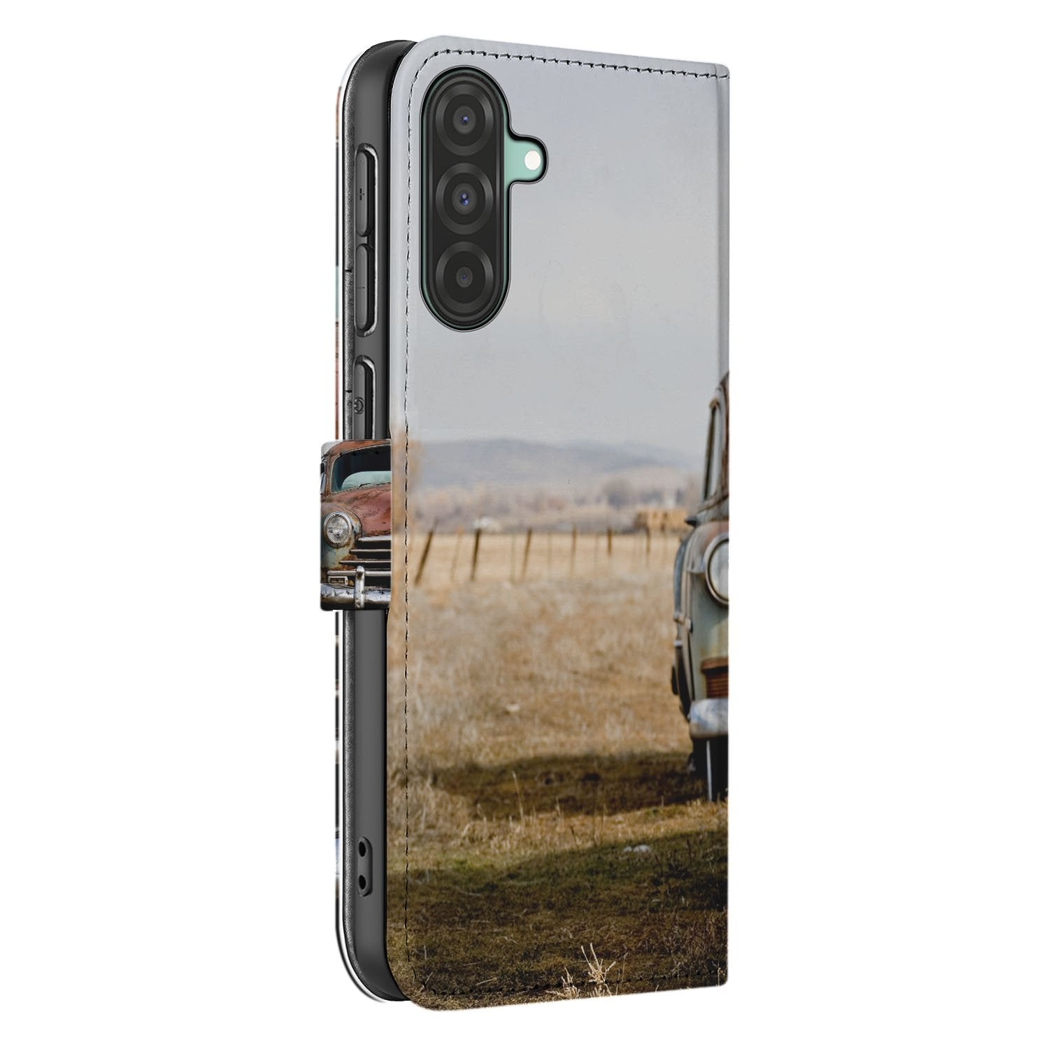 Samsung Galaxy A17 Portemonnee Hoesje Vintage Auto 3 Pasjes TPU zijaanzicht vintage auto print