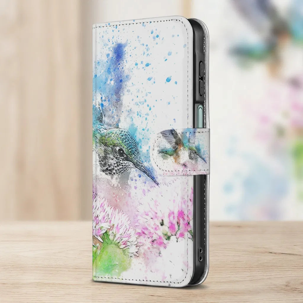 Samsung Galaxy A17 Portemonneehoes Kolibrie Print Met 3 Pasjes designnaam zijaanzicht