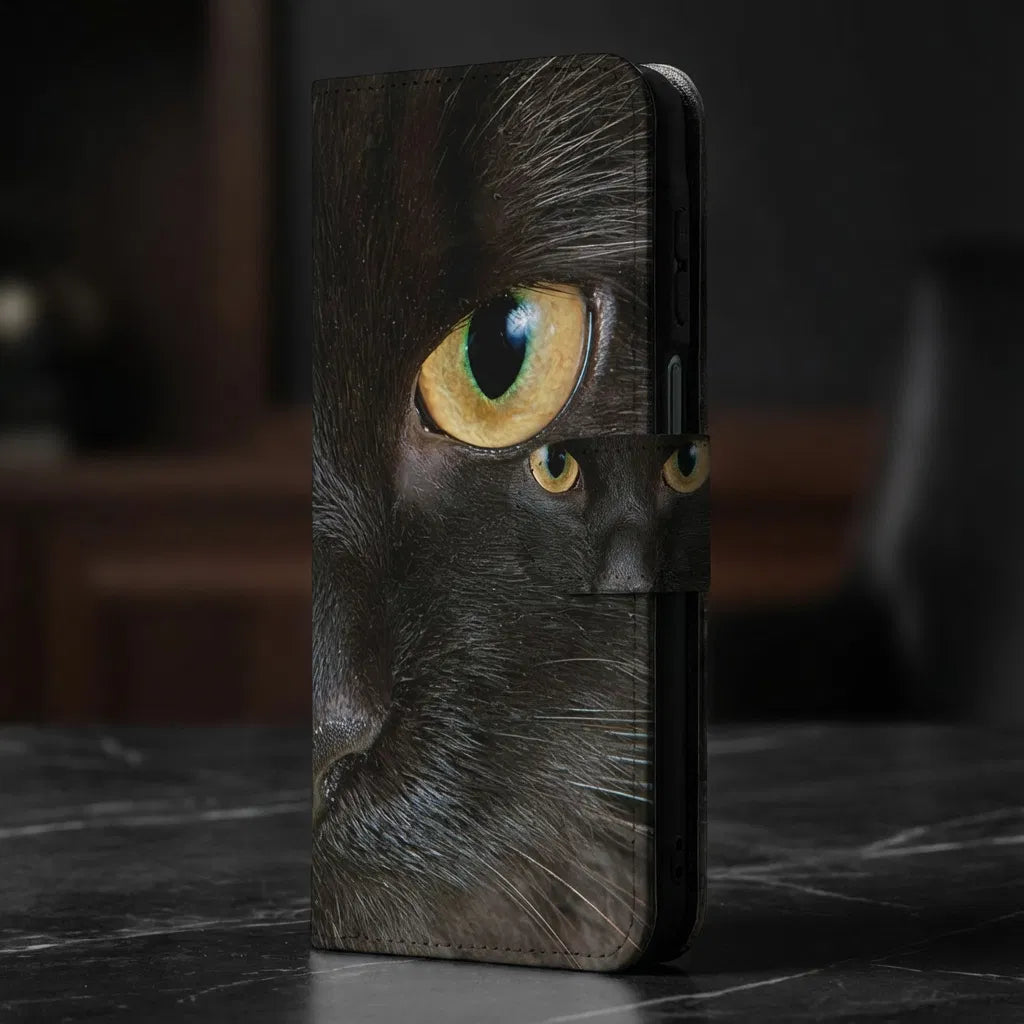 Samsung Galaxy A17 Portemonneehoesje Zwarte Kat Met Pasjes zwart kat portemonneehoesje zij aanzicht