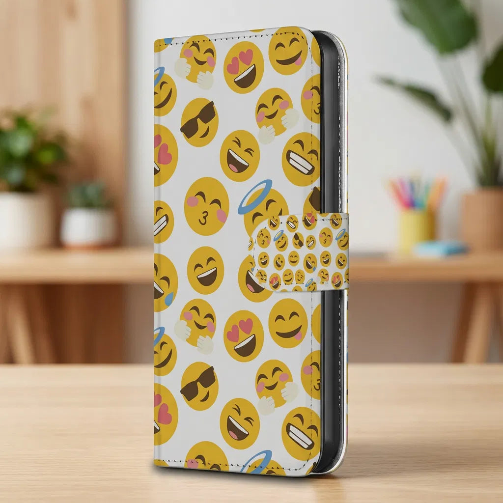 Samsung Galaxy A17 Telefoon Hoesje Emoji bookcase emoji print zijaanzicht