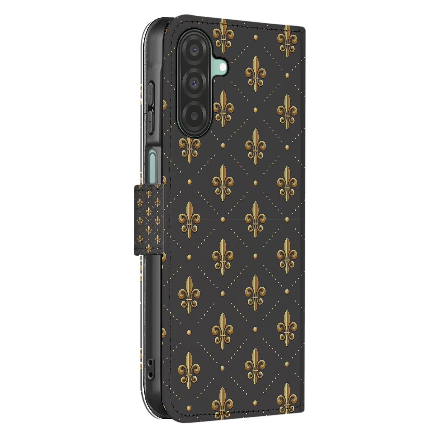 Samsung Galaxy A17 Telefoon Hoesje Franse Lelie book case zwarte achtergrond gouden lelie