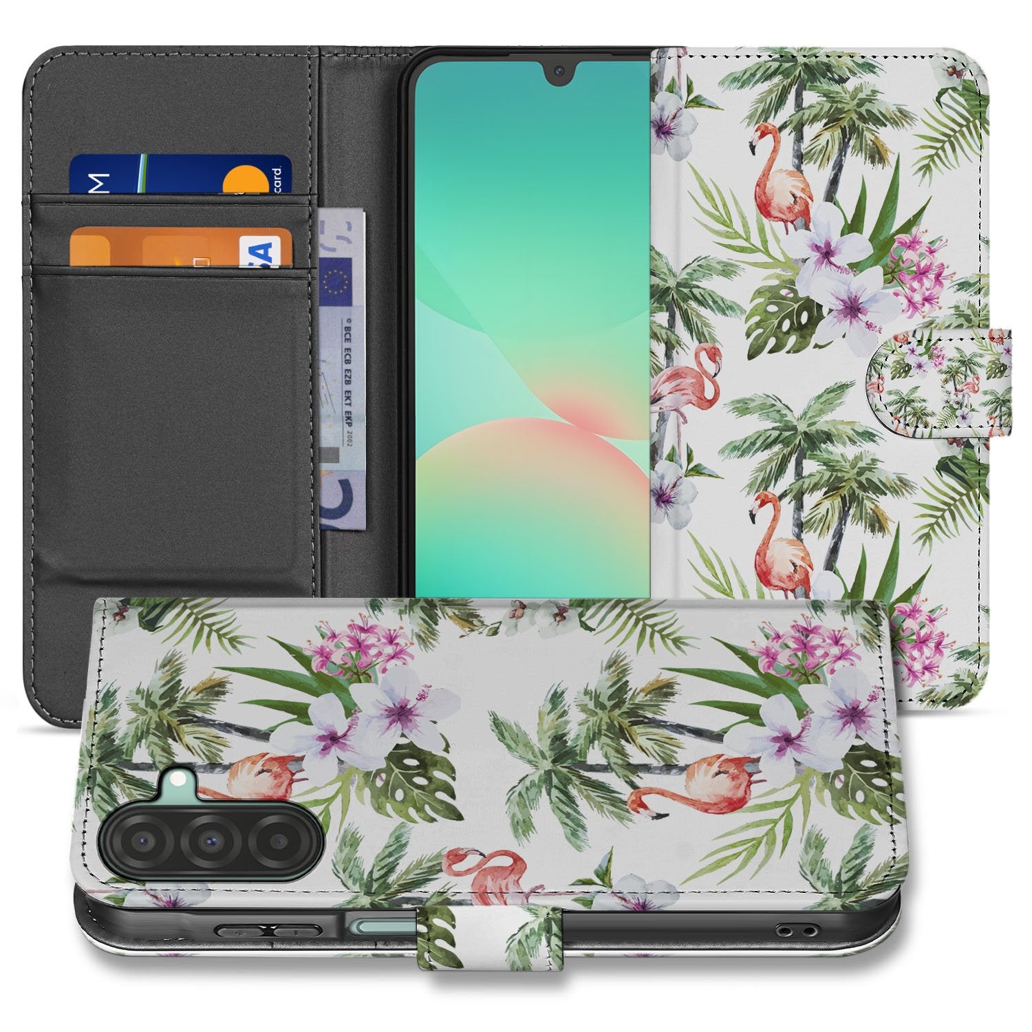 Samsung Galaxy A17 Telefoonhoesje met Pasjes Flamingo Palms boekhoesje tropisch design aanzicht