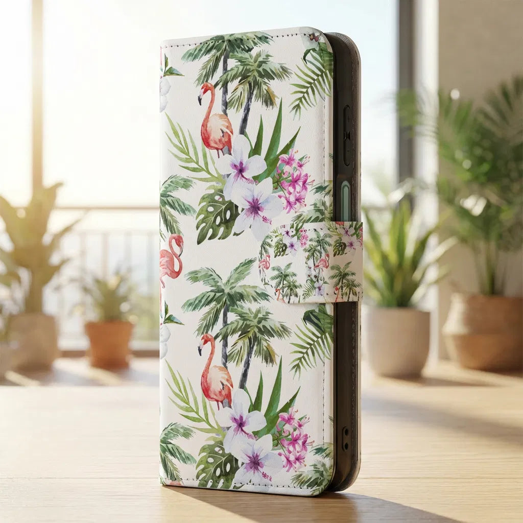 Samsung Galaxy A17 Telefoonhoesje met Pasjes Flamingo Palms boekhoesje tropisch dessin zijkant