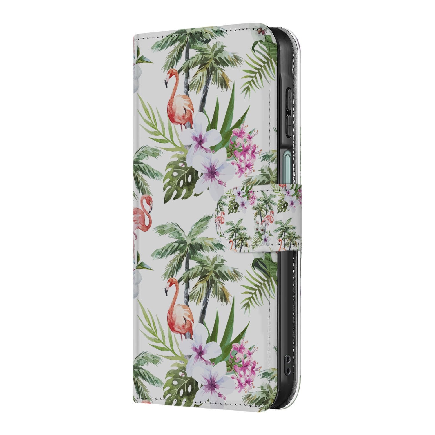 Samsung Galaxy A17 Telefoonhoesje met Pasjes Flamingo Palms boekhoesje tropisch design zijaanzicht