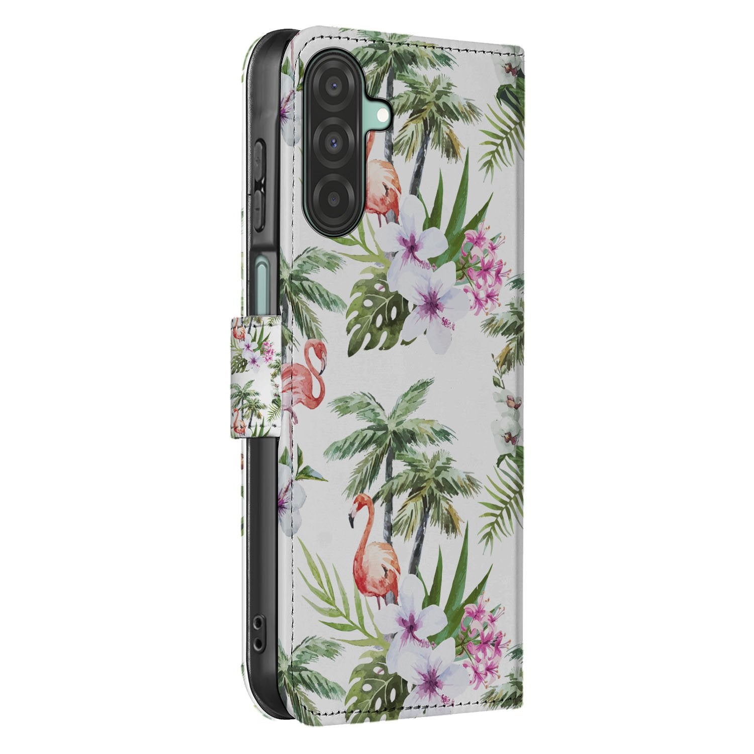 Samsung Galaxy A17 Telefoonhoesje met Pasjes Flamingo Palms boekhoesje tropisch design zijkant