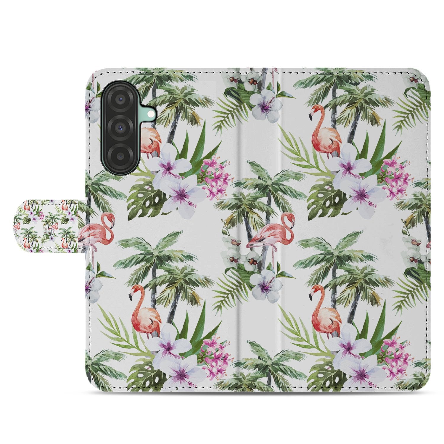 Samsung Galaxy A17 Telefoonhoesje met Pasjes Flamingo Palms boekhoesje tropisch ontwerp voorkant