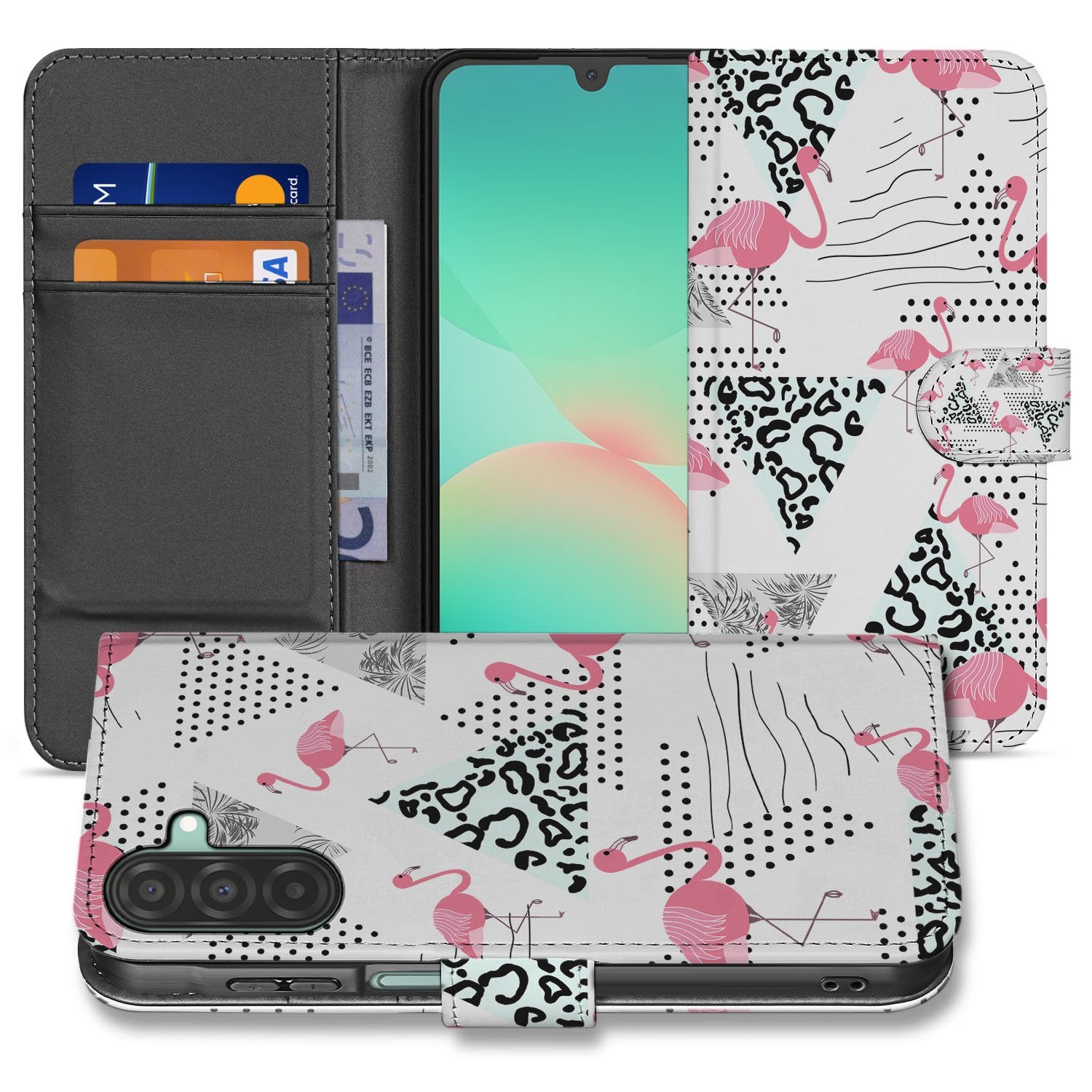 Samsung Galaxy A17 Telefoonhoesje met Pasjes Flamingo Triangle boekhoesje flamingo triangle aanzicht