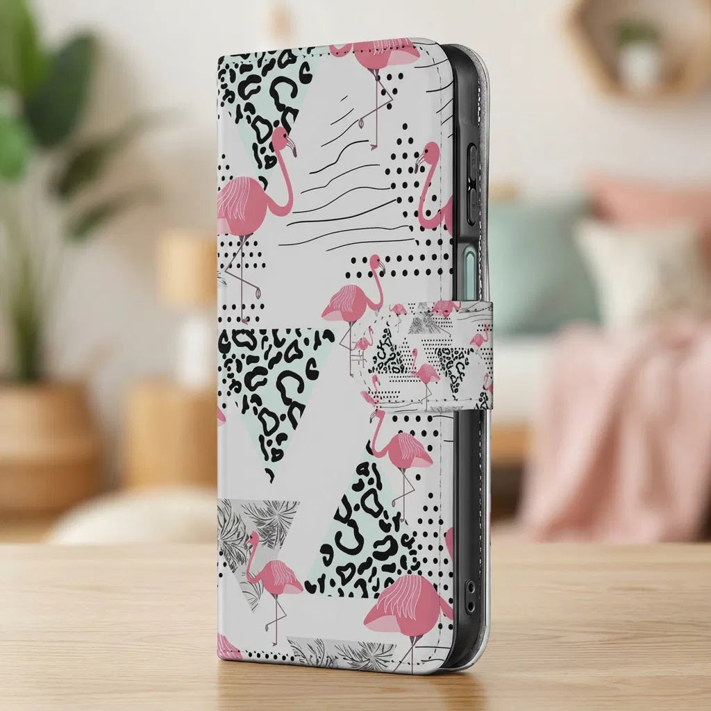 Samsung Galaxy A17 Telefoonhoesje met Pasjes Flamingo Triangle boekhoesje flamingo design zijaanzicht